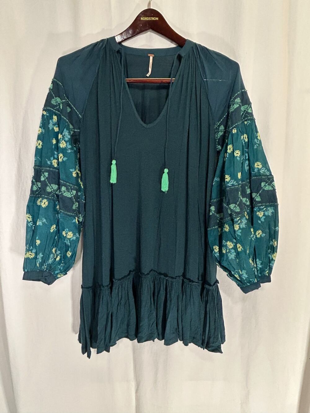 Free People Mix It Up Tunic Embroidered Oversized Mini Dress Jade Green Size S